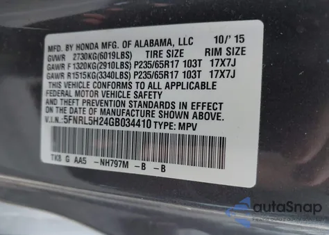 2016 Honda Odyssey Lx z USA, uszkodzony, nr VIN 5FNRL5H24GB034410